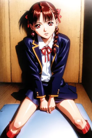 Anime girl Sawa with red braided hair, red eyes, and school uniform sitting with her legs spread, looking at the viewer.