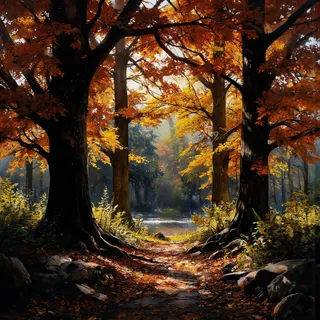 A serene autumn forest featuring a sunlit woodland path surrounded by tall trees with vibrant orange and yellow fall foliage.