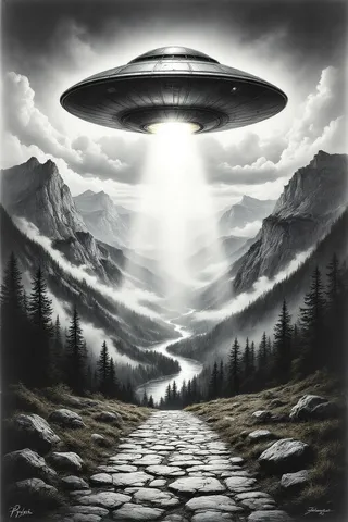 Detailed graphite pencil drawing of a classic flying saucer hovering above a mountainous valley with dense pine forests and a stone path, emitting a bright beam of light.
