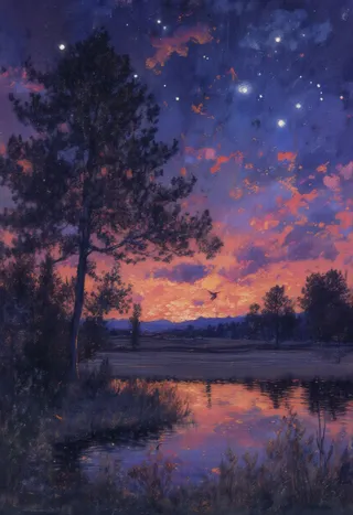 A serene twilight landscape featuring a silhouetted lone tree against a vivid sunset sky with stars, a reflective pond below, and a bird flying near the horizon, rendered in a brushed oil paint style.