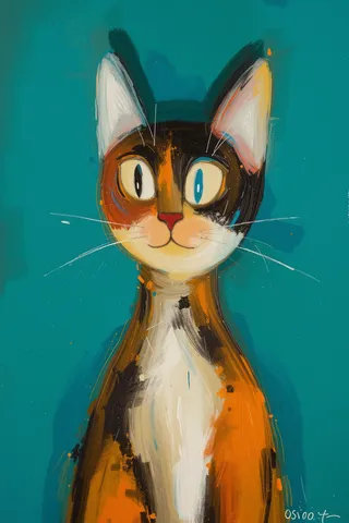 Abstract colorful cat painting with large eyes and white whiskers, inspired by Christopher Wool's artistic style on teal background