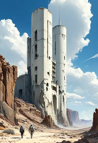 A digital illustration of a futuristic cityscape featuring a tall, cylindrical structure with peeling paint and cracks. The structure stands amidst a vast desert landscape with rocky cliffs and a bright blue sky filled with clouds. Two figures walk towards the building.