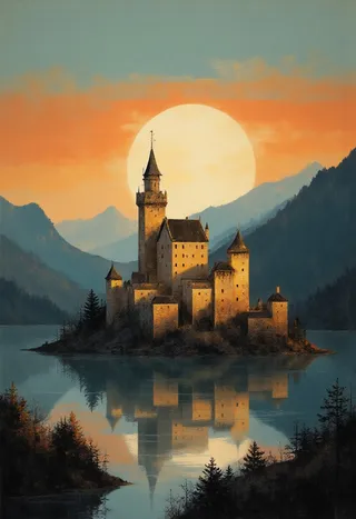 A medieval castle perched on an island in the middle of a still lake, illuminated by golden light during sunset, with reflections on the water and mountain silhouettes in the background.