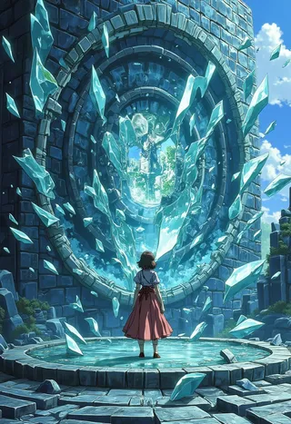 A young girl stands on a circular stone platform within a ruined structure surrounded by flying huge glass shards that depict different anime scenes, set in a dreamy space with bright blue skies.