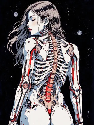Profile of a cyborg young woman with long hair and mechanical skeleton spine, set against a black space background with stars and planets.