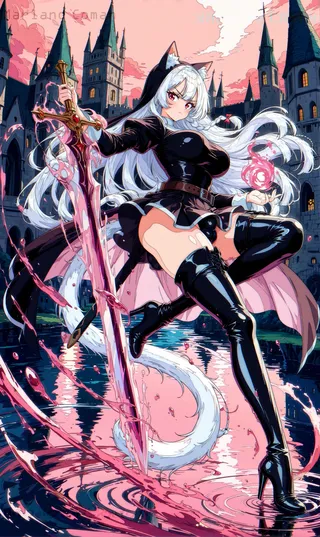 Dynamic fantasy scene of a white-haired female warrior with cat ears and a fluffy tail, dressed in a black latex outfit, wielding a glowing magical sword with a castle background and red-pink sky reflected in water.