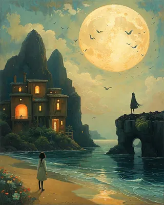 Ethereal fantasy impressionism landscape featuring a glowing full moon over a calm sea with a beach in the foreground, silhouetted figures, illuminated wooden houses near cliffs, and birds flying.