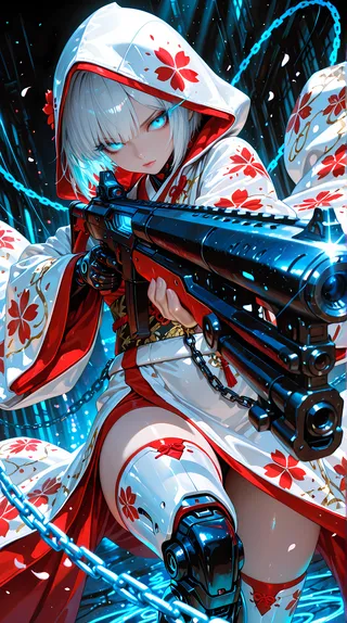A white-haired girl wearing a white kimono with red sakura patterns and hood aiming a futuristic rifle, featuring glowing blue eyes and a prosthetic cyber leg, set against a dark dynamic background with blue light trails and chains.