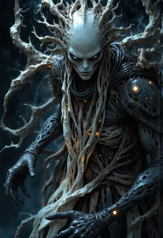 Otherworldly alien creature with a pale face, glowing dark eyes, bony spikes, and black glossy skin textured like fractal leather, set in a moody dark environment.