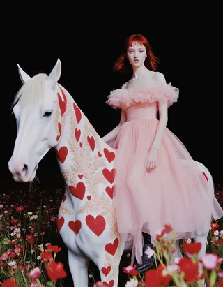 A white horse with intricate red heart embroidered patterns stands in a flower-filled field. A young woman with dark red hair, wearing a soft pink fluffy dress, sits on the horse. The image uses film grain texture, studio lighting, and fish-eye lens perspective against a dark background.