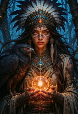 A Native American woman with a feathered headdress and tribal tattoos holds a glowing orb in her hands, standing in a dimly lit, bluish forest with a large dark-feathered bird perched on her arm.