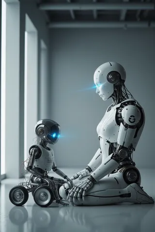 Two humanoid robots in a futuristic lab with soft lighting; a small wheeled robot faces a larger kneeling robot with blue optical sensors.