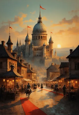 A glowing medieval castle featuring a grand domed cathedral with multiple spires and red flags, illuminated by golden late afternoon light, with knights on horseback riding down a red carpeted cobblestone street lined by wooden buildings and a bustling market scene.