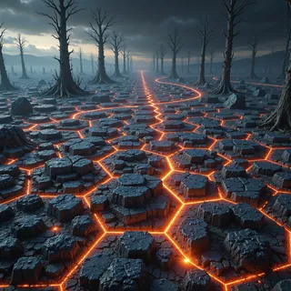 A barren landscape featuring cracked hexagonal volcanic terrain glowing with molten lava, lined with leafless trees under a dark and eerie sky.