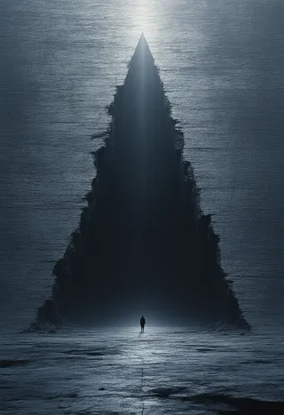 A lone figure stands before a massive, geometrically sharp triangular abyss carved into the earth, lit by a single ethereal beam highlighting the immense depth and shadow.