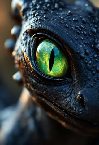 Hyper-realistic close-up of Toothless the Night Fury dragon's eye with green iris and reflection, showing detailed textures of scaly black skin and water droplets.