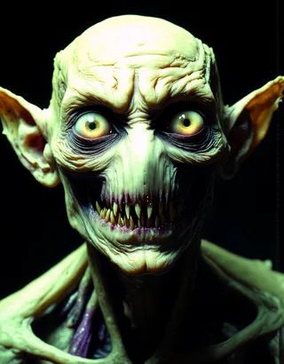 Close-up portrait of a haunted goblin-like creature with sickly translucent skin, bulging yellowish eyes with vertical slit pupils, sharp jagged teeth, and elongated ears, illuminated by dramatic single-source lighting in a dark background.