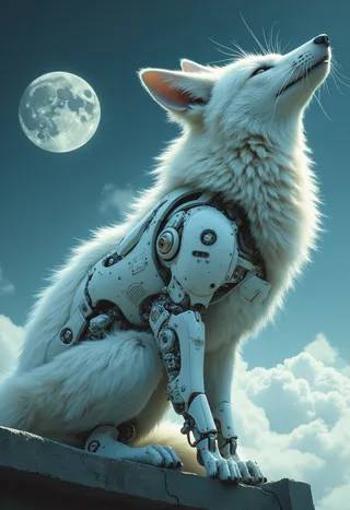 Close-up of a white mechanical fox with detailed robotic parts and fluffy fur, sitting on a ledge, howling at a full moon under atmospheric lighting.