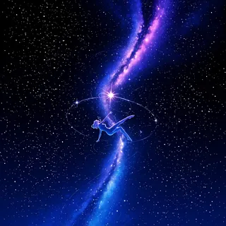 Anime-style digital painting of a cosmic nebula with swirling galaxies in vibrant blues and purples, featuring a silhouette figure floating surrounded by stars in a vast universe.