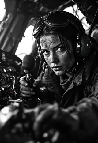 Black and white close-up of a female pilot in a WWII bomber cockpit, with dirt and sweat on her face, gripping the controls intensely.