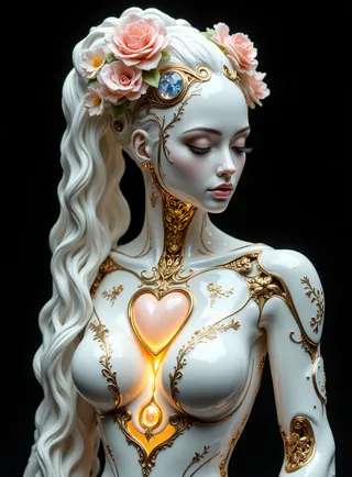 Close-up of a porcelain android sculpture featuring rococo elegance with delicate baroque floral patterns, gold filigree, and a glowing heart on her chest.