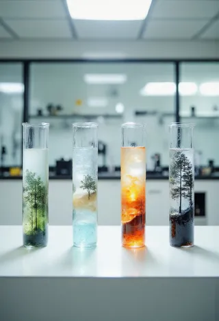 Four transparent test tubes in a clean laboratory, each containing a glowing miniature landscape: dense jungle, tropical beach, fiery lava, and snowy pine forest.