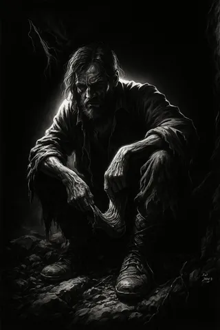 A high-contrast black and white image of a weary wanderer sitting at a cave's entrance, highlighted with moody rim lighting and intricate ink-like detailing.