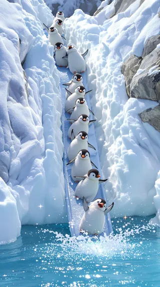 A line of fluffy baby penguins sliding down a snowy icy hill into a sparkling blue pond, surrounded by snow and ice with glittering splash effects.