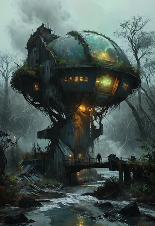 Dystopian science fiction scene featuring a large tree-like building with a glowing shield dome, surrounded by overgrown ruins, a bridge, grey fog, and a waterway.