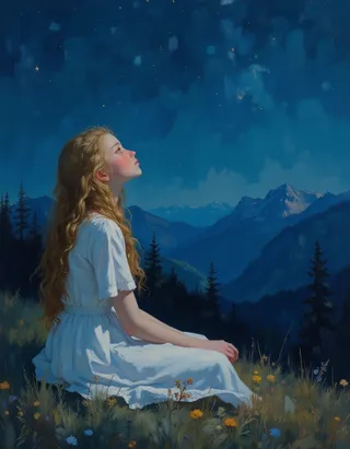 Oil painting of a young teen girl with golden blond hair and blue eyes sitting on grass, gazing up at a starry night sky with distant mountains in the background.