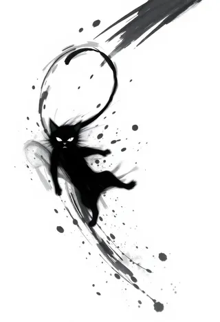 Black and white illustration of a black cat with a flowing tail in motion surrounded by abstract ink splatter and brush strokes on a minimalistic background.