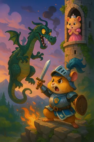 Colorful cartoon of a brave hamster knight in silver armor fighting a green dragon on a cliff, while a hamster princess watches from a stone tower.