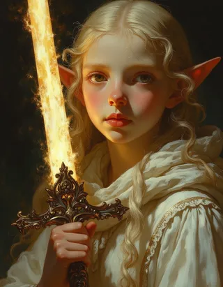An albino petite teen elf female paladin holding a sword with a shimmering glowing blade, painted in an ultra-detailed oil painting style reminiscent of Rembrandt.