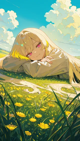 Close-up of a blonde girl with pink eyes lying on her back in wide grasslands filled with yellow flowers beneath a blue sky with fluffy clouds.