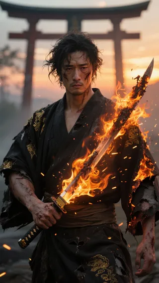 Photorealistic half-body portrait of a male warrior wearing a torn black kimono with golden embroidery, holding a flaming katana with intense fire effects, standing before a blurred torii gate at sunset.