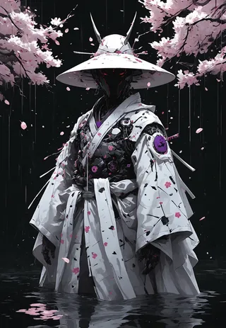 A detailed digital artwork of a cyborg warrior wearing a large white conical hat and a baggy white kimono with pink cherry blossom petals, standing waist-deep in reflective water, surrounded by blooming cherry blossom branches on a dark background.