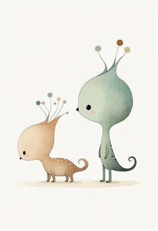 Minimalistic side profile clipart of two cute aliens with organic forms, pastel colors, and a white background in the style of Jon Klassen.