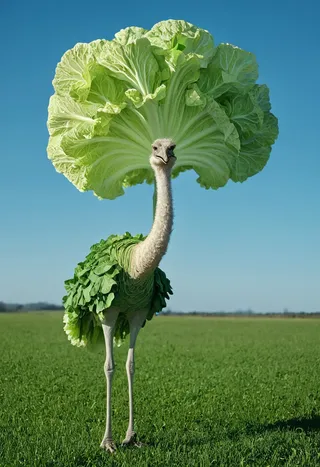 A tall ostrich with a head and wings made of textured napa cabbage leaves and leafy legs standing in a grassy field under a blue sky in a whimsical fantasy style.