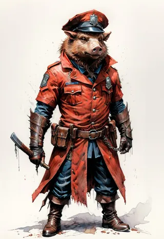 Detailed fantasy illustration of a boar-monster wearing a red brown police uniform with a peaked cap, leather gloves, and boots, holding a weapon.