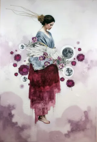 Surreal digital painting of a pale-skinned woman with dark flowing hair adorned with golden wires and violet petals, wearing a translucent layered robe, standing barefoot with downward gaze, surrounded by moons and halos in a soft plum and white background.