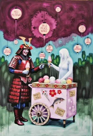 A crimson-armored samurai handing a pastel pink ice cream cone to a translucent water ghost by a decorated ice cream cart under paper lanterns, set in a dreamlike bamboo forest.