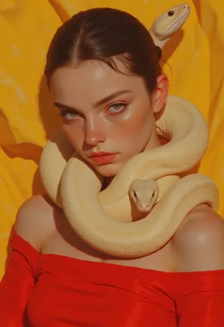 A young woman with a freckled complexion and piercing gaze wrapped by a cream-colored snake, wearing a red off-the-shoulder top against a golden yellow background.