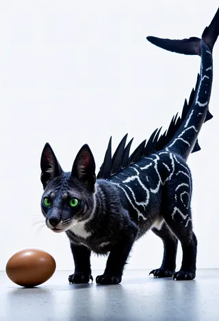 A fur-covered Natterjack Bonnethead Shark hybrid with glowing green eyes, intricate white patterns on black fur, standing near a brown egg on a white background.