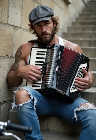 A bearded man wearing a gray flat cap and ripped blue jeans sits on stone stairs in Paris, playing a black accordion with natural daylight illuminating the scene.