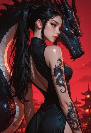 A woman with long black hair and a dragon tattoo on her arm, wearing a black sleeveless china dress, standing against a vivid red background with a black dragon and Asian pagodas.