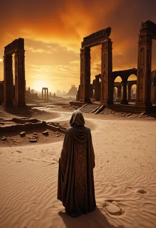 A lone robed figure stands in a sandy desert facing towering, intricately carved ancient ruins bathed in golden sunset light with dramatic shadows.