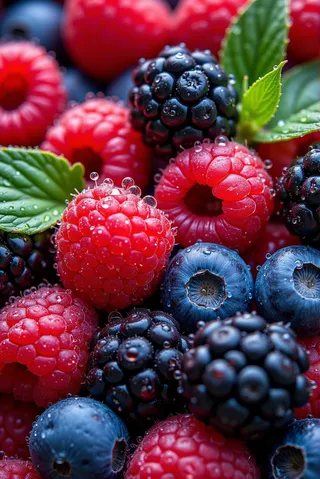 Close-up of fresh raspberries, blueberries, and blackberries covered with dew droplets, with vibrant green mint leaves providing contrast.