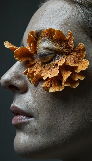 Close-up hyper-realistic portrait showing a woman's face with an elaborate blood-orange oyster mushroom sprouting from her closed eye socket, set against muted earth tones and overcast lighting.
