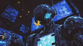 Close-up low angle view of a robot with glowing blue eyes and an LCD screen on its chest, surrounded by glowing butterflies against a dark background with glitch effects and multiple illuminated blue screens.