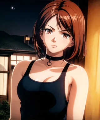 Anime girl with short brown hair and brown eyes wearing a black choker and dark tank top, looking at the viewer with a raised eyebrow at night.